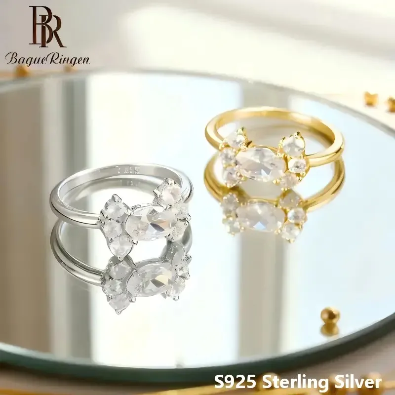 BR Oval Moissanite Ring for Women 1CT Gold Plated S925 Sterling Silver Flower Design Engagement Wedding Jewelry Gift