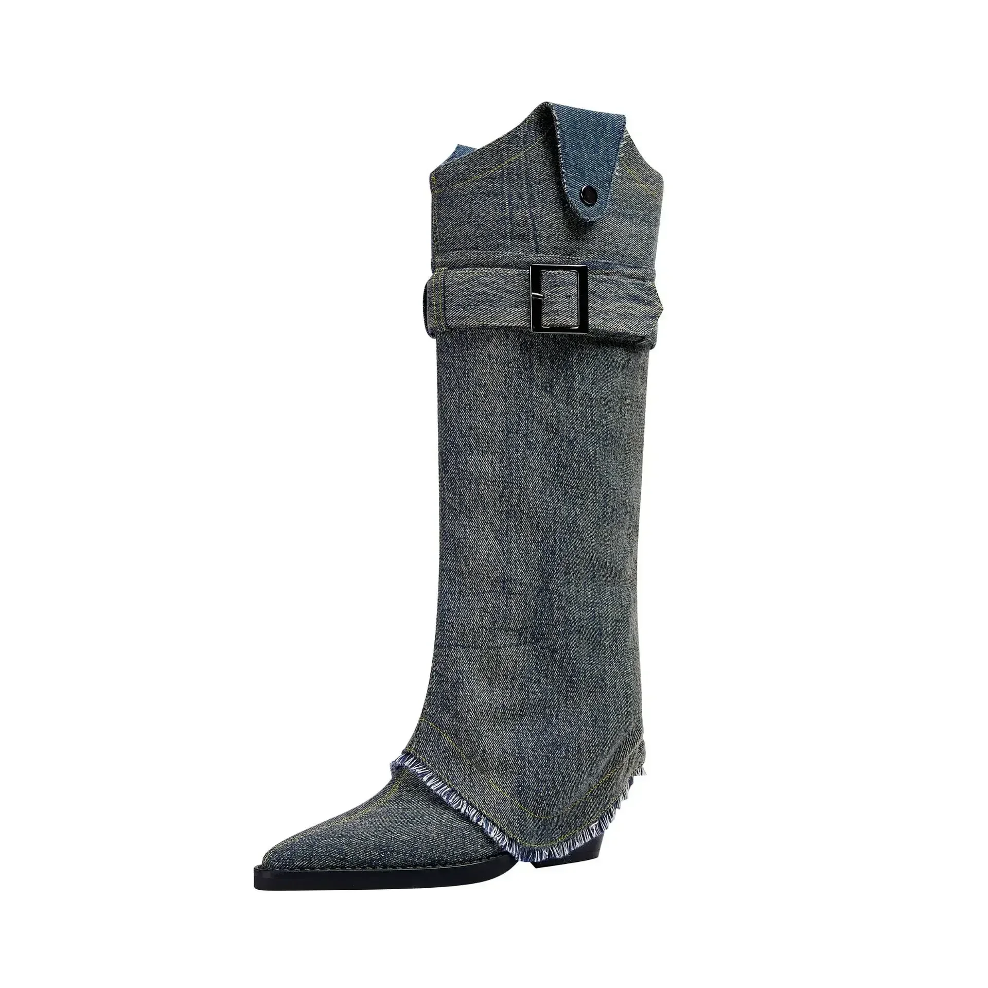 European And American New High Boots, Women's Washed Denim Pointed Thick Heels, Belt Buckle, Two Wearing Large-Sized Boots