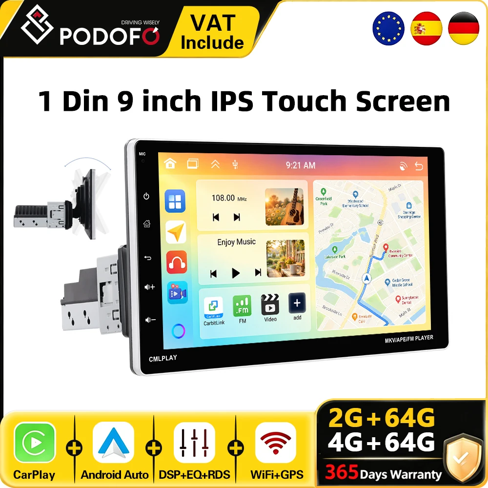 Podofo 9-Zoll 4G+64G Android Autoradio mit Wireless CarPlay, Android Auto, GPS-Navigation, WLAN, Universal-Autoradio, BT, FM, RDS, Smart Car System, Rückfahrkamera, Haupteinheit