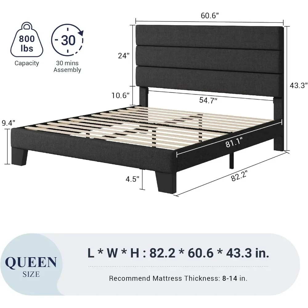 Queen Size Platform Bed Frame with Fabric Upholstered Headboard and Wooden Slats Support, Fully Upholstered Mattress Foundation