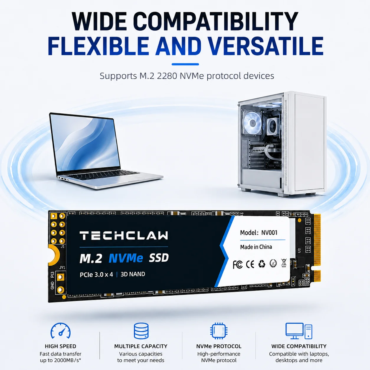 TECHCLAW NV001 M.2 NVMe SSD PCIe 3.0 x4 3D NAND 256GB 1TB Internal Solid State Drive 2000MB/s High Speed SSD for LaptopGaming Up