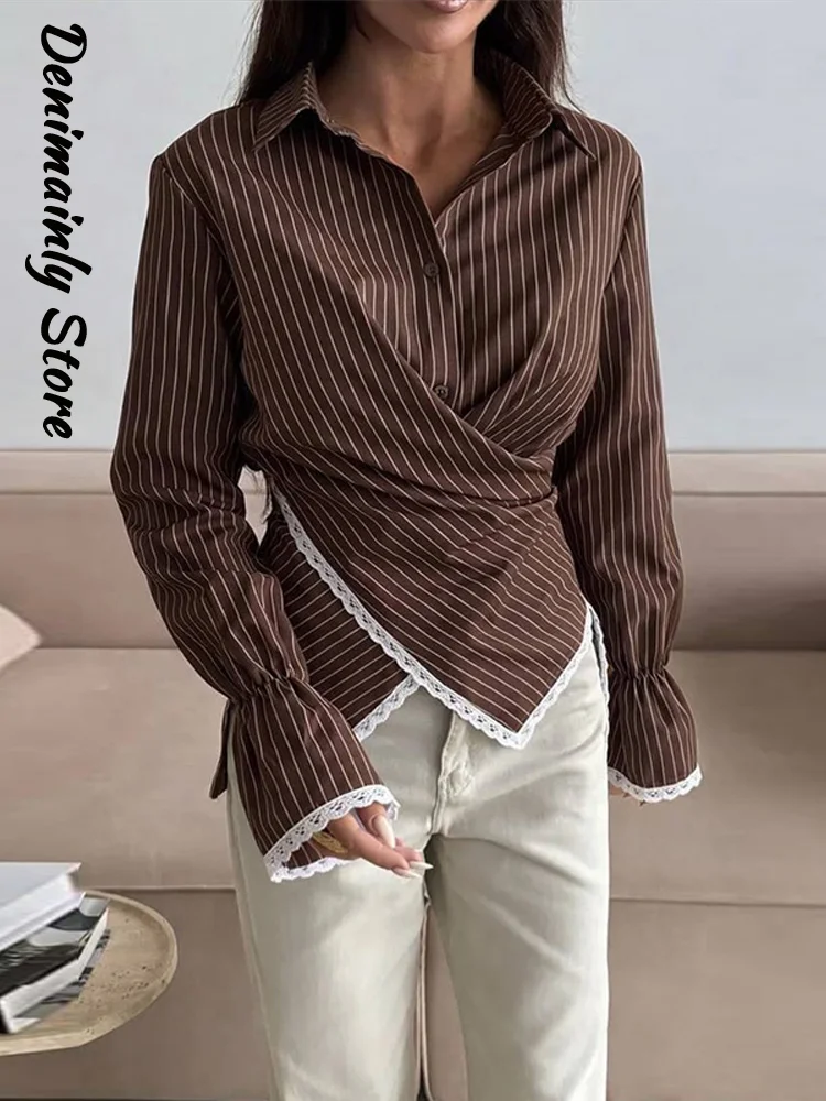 

Elegant Women's Strip Wrap Blouse Long Flare Sleeve Lace Trim Back Tie Office Casual Shirt 2026 Spring Summer Lady Clothes New