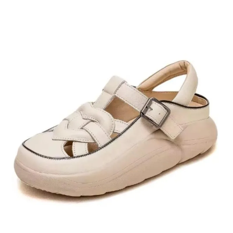 

Высококачественные брендовые дышащие ботинки из натуральной кожи высокого бренда 4 см, удобные летние резиновые женские туфли на плоской подошве с полой щиколоткой