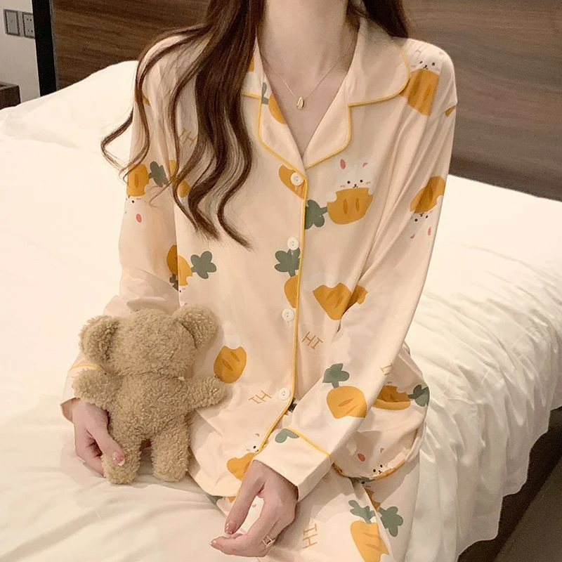 Spring Autumn Cardigan Long-Sleeved Sleepwear Two-Piece Set 2024 Cute Cartoon Student Homewear Suit Women's Casual Loose Pajamas