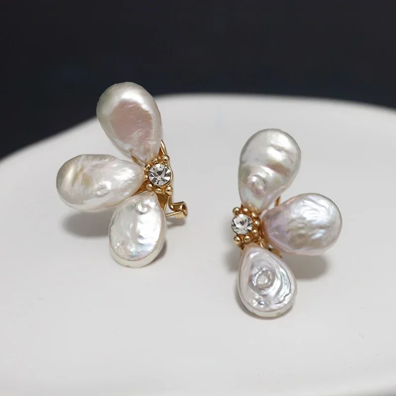 Natural Baroque Pearl Stud Earrings Handmade Irregular Tripetalous Flower Petal Earrings for Women Elegant Wedding Jewelry Gift