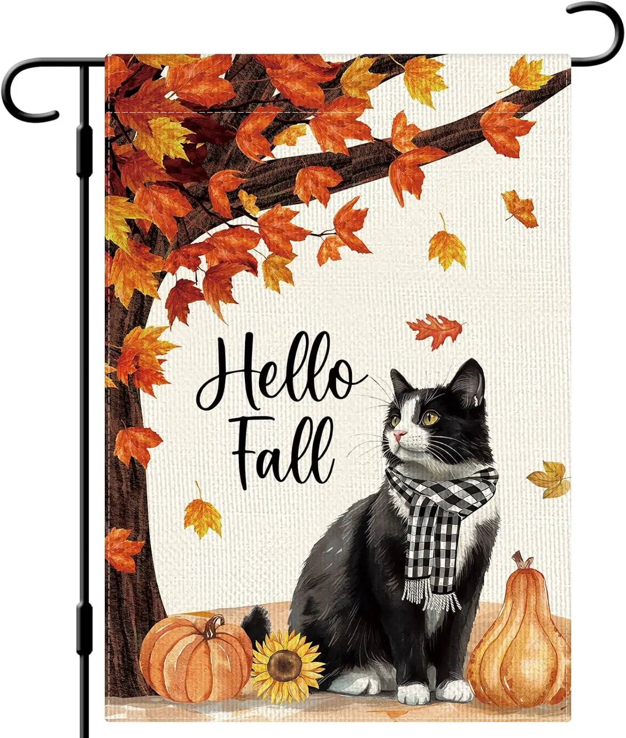 DLZDN Hello Fall Cat Garden Flag Pumpkins Maple Leaves Flag 12×18 Inch Double Side Vertical Burlap Farmhouse Yard Sign Autum UUN