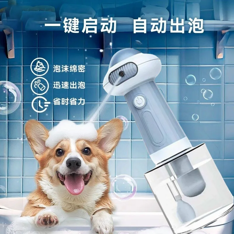 Pet shampoo foamer bubble maker for dogs and cats, used during bath time for creating foam with shampoo.