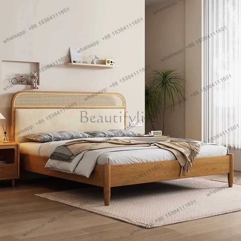 LX Nordic rattan solid wood bed soft ash double bed Japanese wabi-sabi