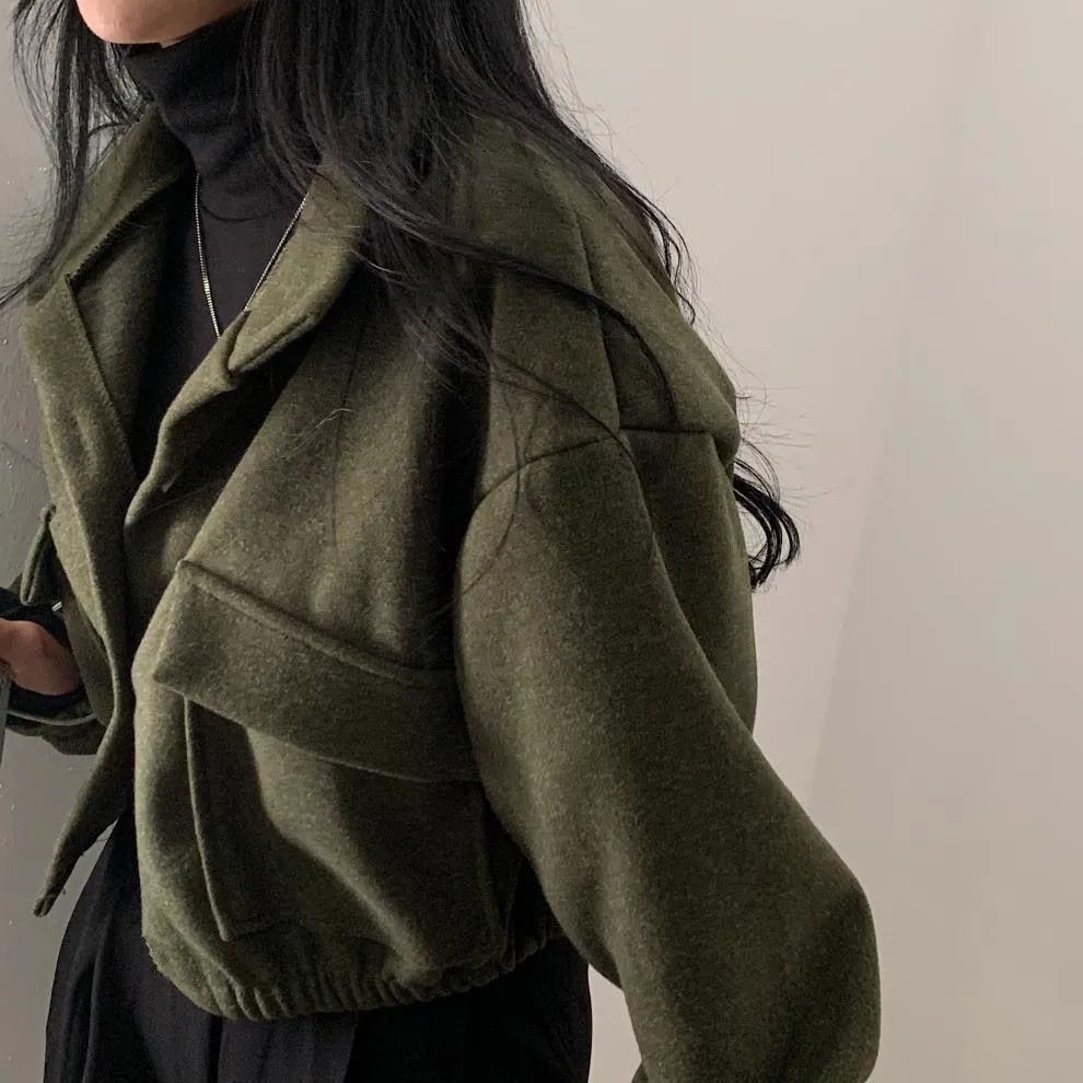 Cool Korean Style Autumn/Winter New Stand Collar Niche Cropped Idle Style Loose-Fit Casual Woolen Jacket for Women