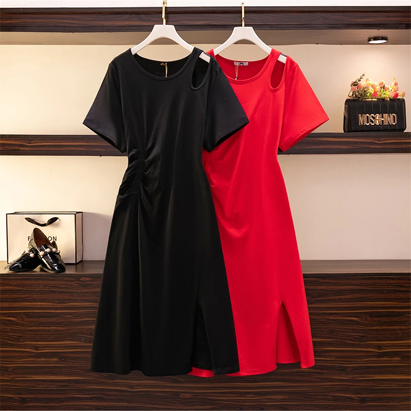 Plus-size women's summer casual cotton dress shoulder hollowed-out slit hem design elegant sexy solid color long dress