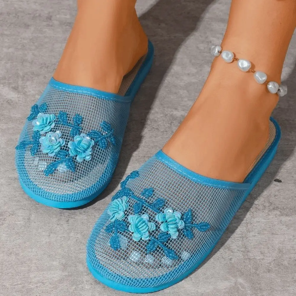 Casual Flower Embroidery Mesh Sandals Soft Bottom Breathable Slide Sandals Non Slip Closed Toe Sandals Women