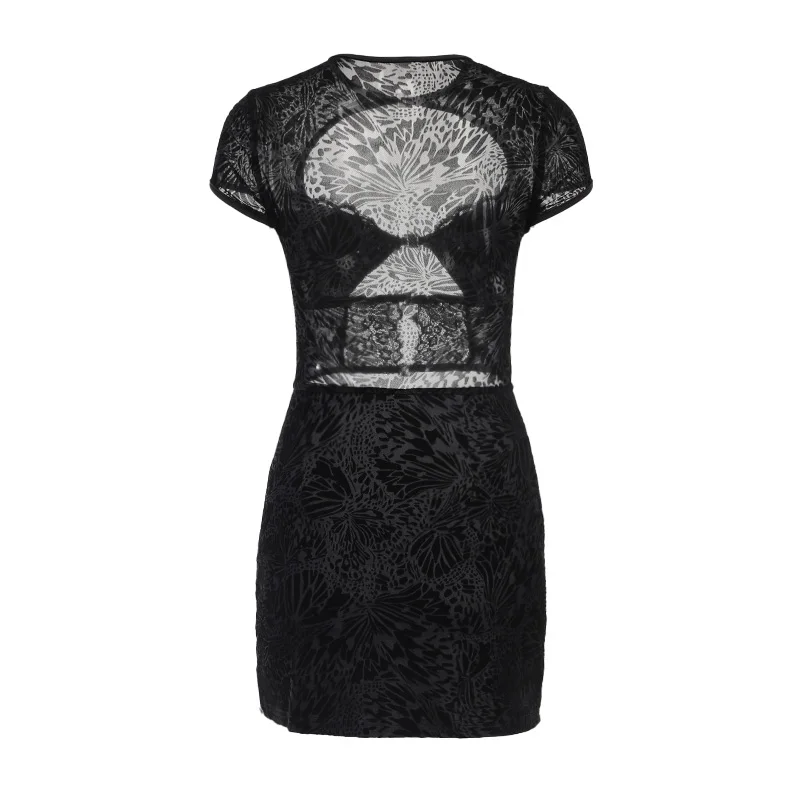 Spring Summer 2024 Spice Girls Sexy Slim-fit hip Wrap Skirt Fashion Flock Lace Cutout Dress