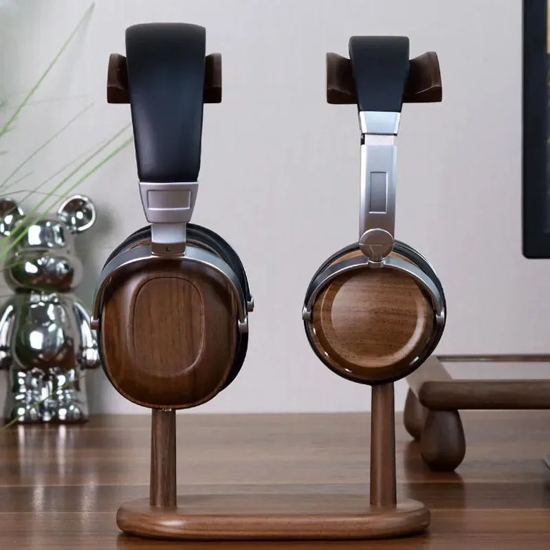 Pure Solid Walnut Headphones Stand Dual Gaming Headset Beech Wood Holder Desktop Display Shelf Anti-slip SiliconPad Space Saving