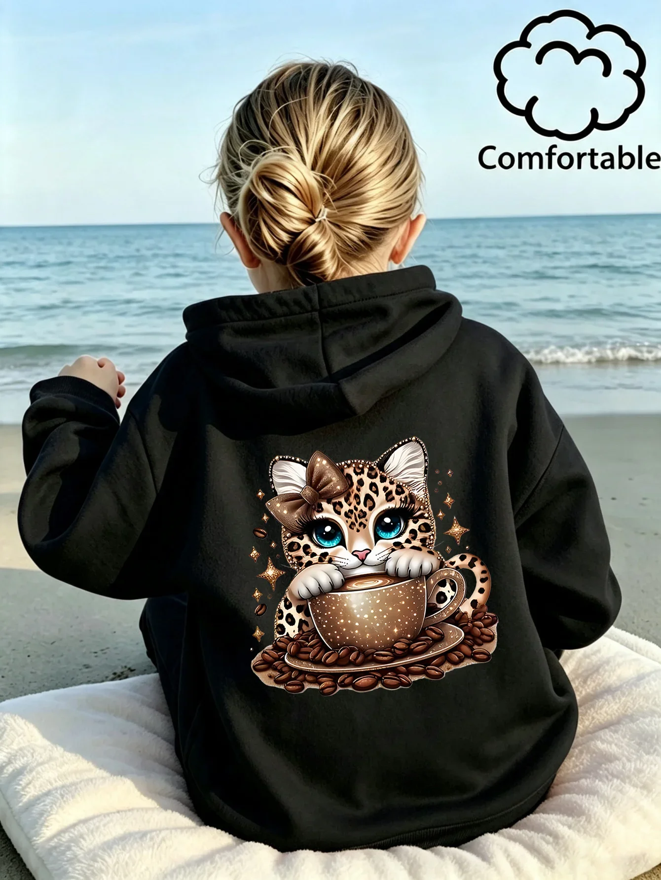 Kids Girls Black Cute Leopard Cat Graphic Printed Hoodie Teen Coffee Cup Kitten Sweatshirt Loose Back Print Autumn Top