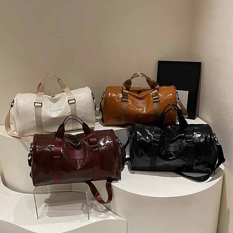 Women PU Handbag Waterproof Travel Luggage Pack with Shoes Pocket Dry Wet Separation Ladies Tote Bag Zipper Gym Fitness Daypack