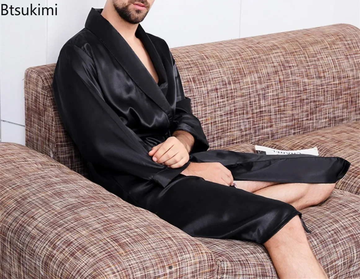 2024 Men\'s Summer Thin Pajamas Robes Men\'s Homewear Long Sleeve Kimono Bathrobe Black Silk Satin Sleepwear Male Lounge Nightwear