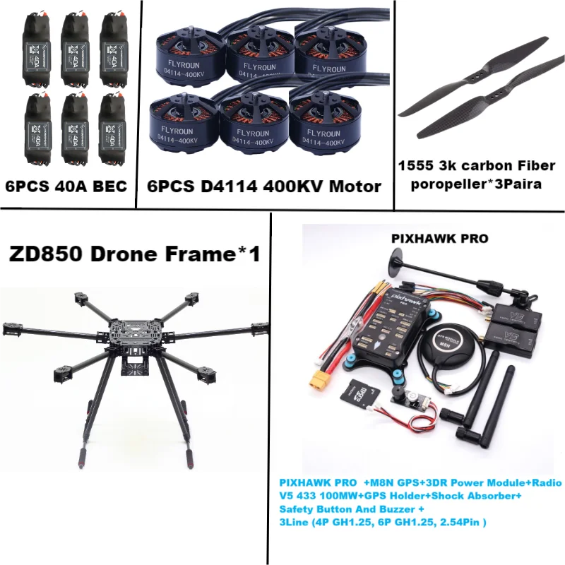 ZD850 PRO M8N Full Carbon Fiber 850mm Hexa-Rotor Frame BLHELI 40A ESC PIXHAWK  Flight Comtrol Rado Telemetry Set