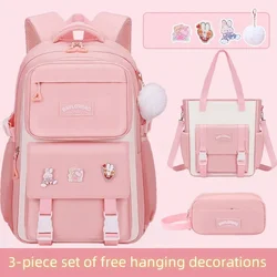 New Pink Large Capacity Spine Protection Backpack for Middle and High School Students with Hanging Accessories Girls Children's