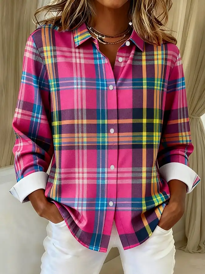 قميص نسائي بأكمام طويلة بطبعة مخططة ومنقوشة، ناعم ومناسب لحفلات العطلات، ملابس يومية غير رسمية.