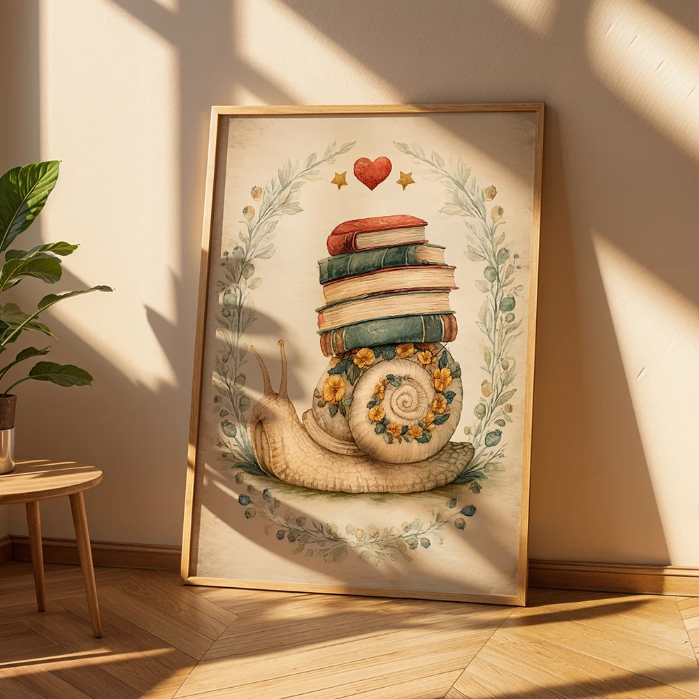 Abstract Snail Illustration Books Canvas Wall Decor Picture, 2D Printed Poster Wall Art, Vintage Home Decor Gift For Living Room