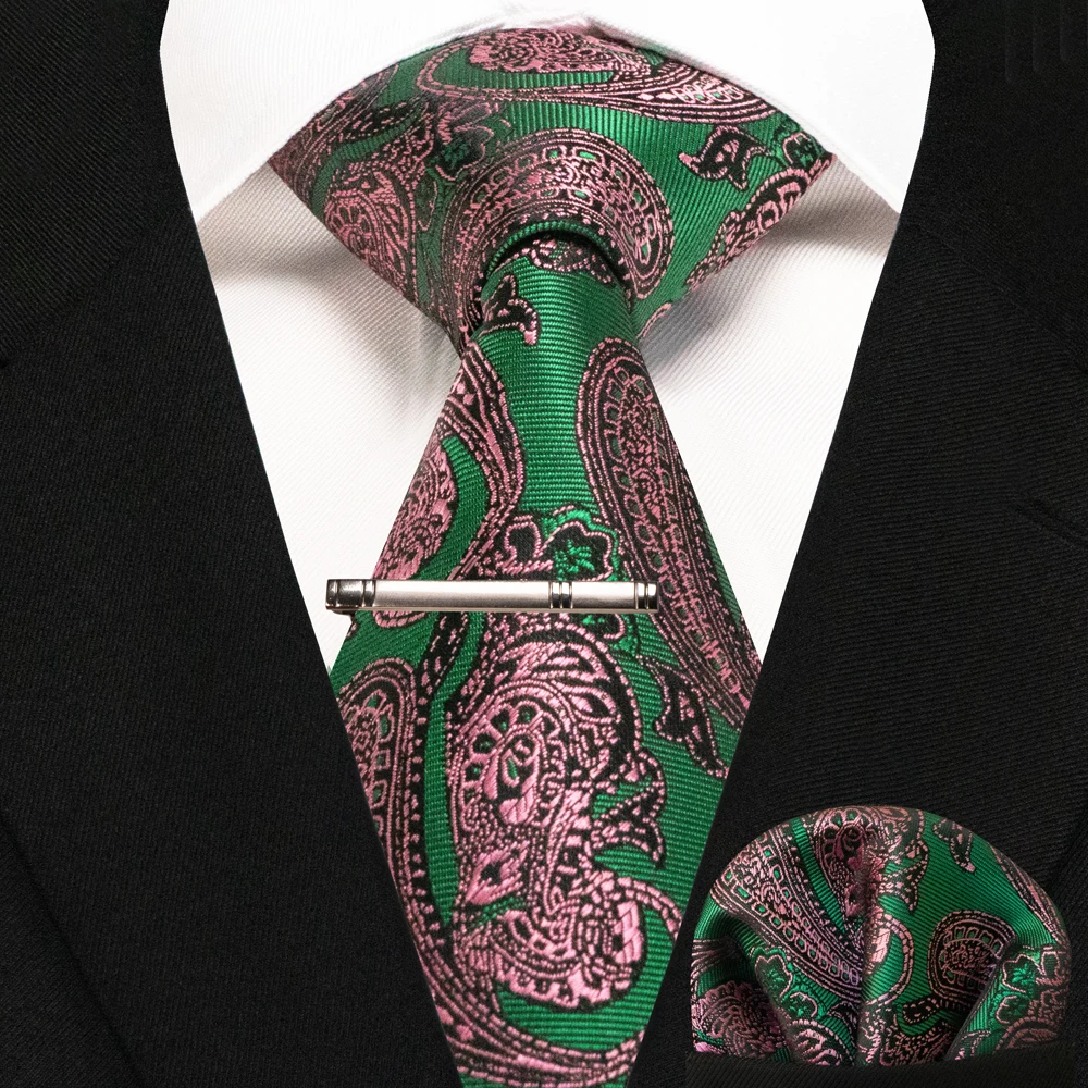JEMYGINS Business-Krawatte für Herren, Seidenkrawatte in Marineblau, gestreifte Paisley-Krawatte, Einstecktuch, Krawattenklammern, Set für Hochzeit, Party, Geschenk – Detail 15