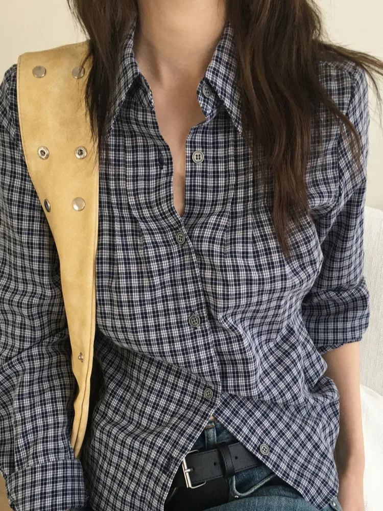 

Slimming Plaid Shirt Women's New Chic Spring Vintage Turn-down Collar Waist-cinching Long Sleeve Collar Top Korean Style