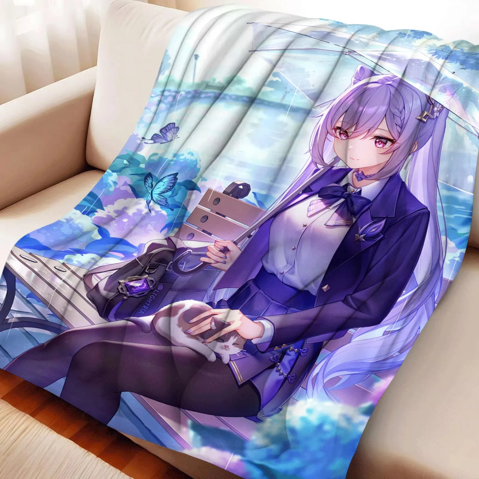 Cartoon Genshin Impact Keqing Flannel Blanket Cover Warmth Soft Anime Blanket Multifunctional Decor Home Universal Blankets