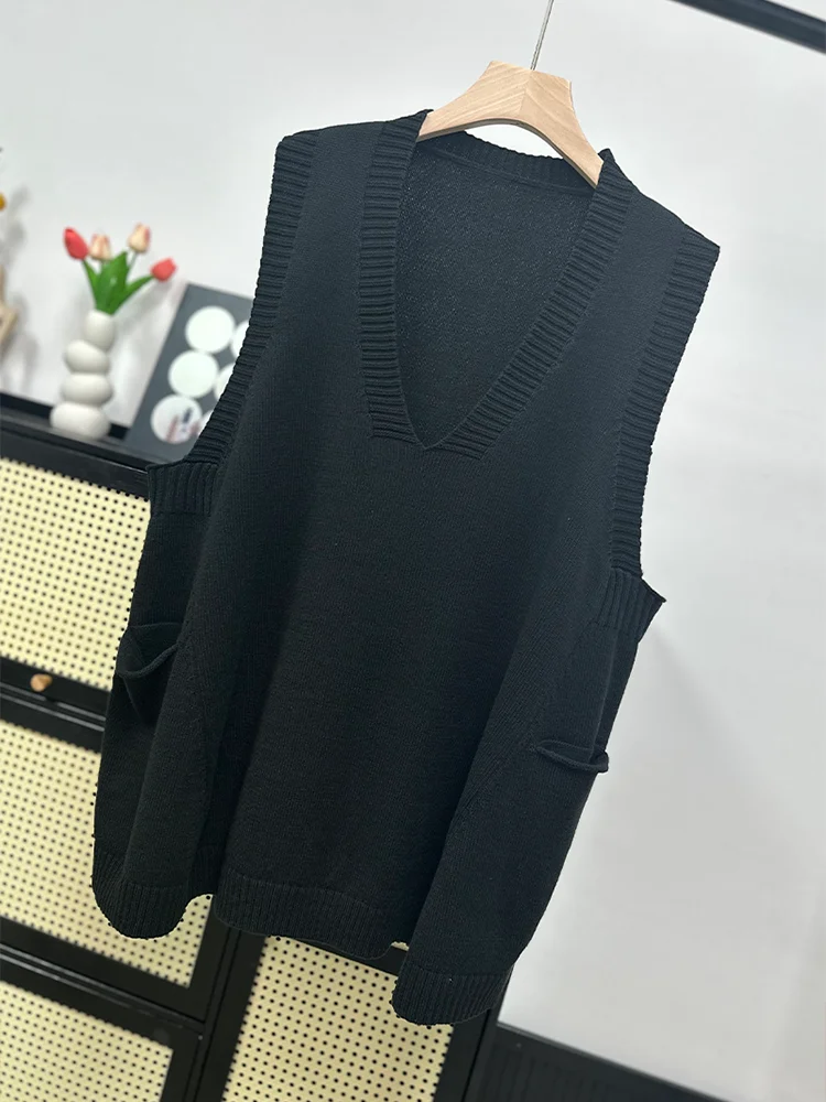 High Quality Large-sized Medium Length V-neck Knitted Vest for Women's Cotton Vest, Loose Fitting for Autumn and Winter Sweaters