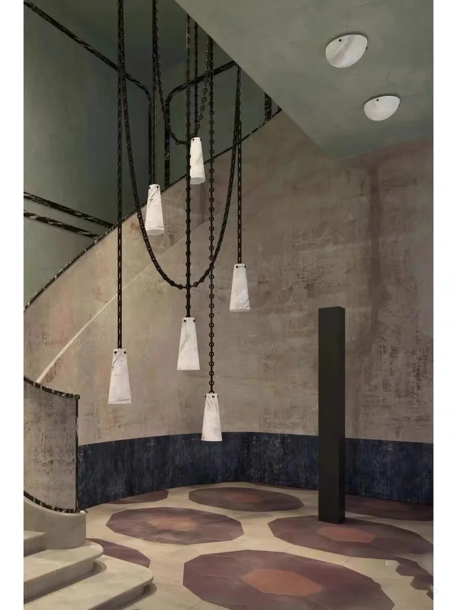 2025 LED Flexible Iron Chain White Alabaster DIY Chandelier Hanging Lmaps Natural Marble Suspension Luminaire Lampen For Dinning