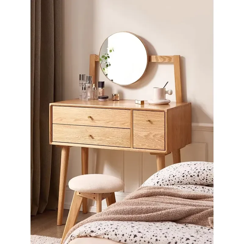 Nordic Japanese Modern Style Solid Wood Dressing Table with Detachable Lighted Mirror Elegant Makeup Table for Bedroom