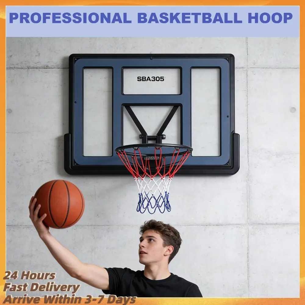 

Баскетбольный щит с кольцом 43.31x29.53 дюйма, настенный, с всепогодной сеткой для использования в гараже, в помещении и на улице