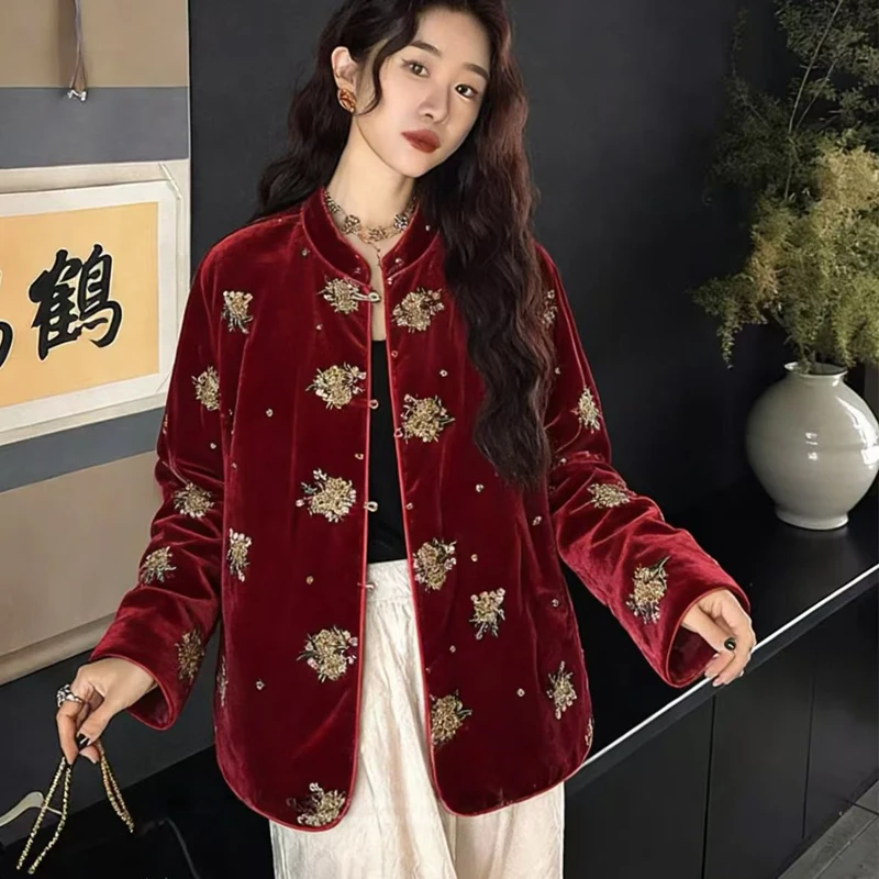 

Высококачественная новая модная женская куртка на весну и осень с вышивкой бисером, из шелка и бархата, однобортная, размеры S-XL