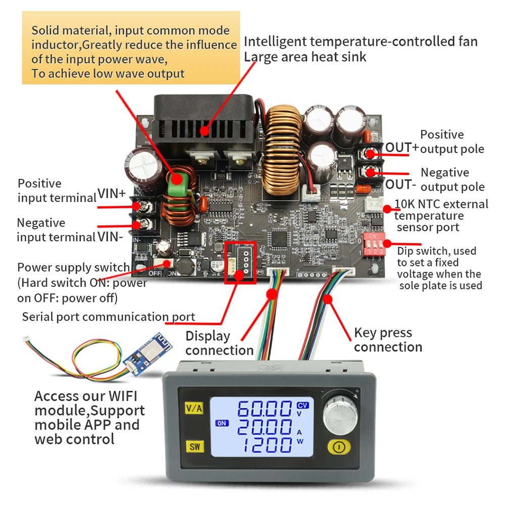 XY6020L CNC fuente de alimentación de voltaje estabilizado CC ajustable, pantalla LCD, voltaje y corriente constantes, 1200W, 20a, módulo reductor