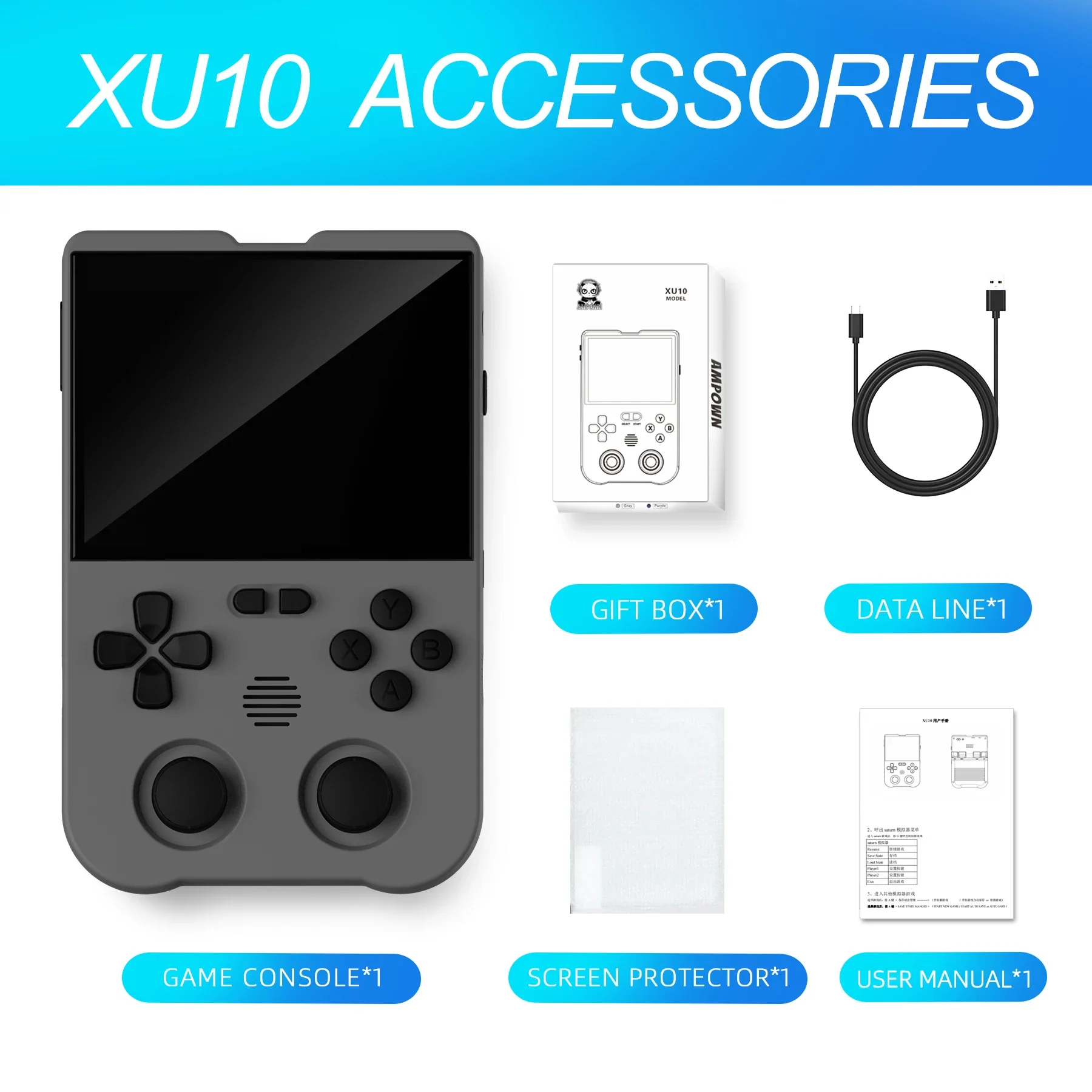 Ampown XU10 Handheld Game Console 3.5" IPS Screen 3000mAh Battery Linux System Built-in Retro Games Portable Video Game Console
