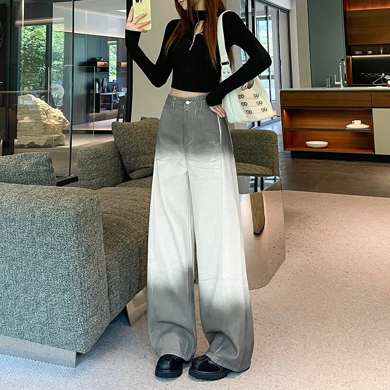 New Fashion Contrast Gradient Women Jeans Loose Casual Straight Wide Leg Denim Trousers Street Trendy Ladies Long Pants