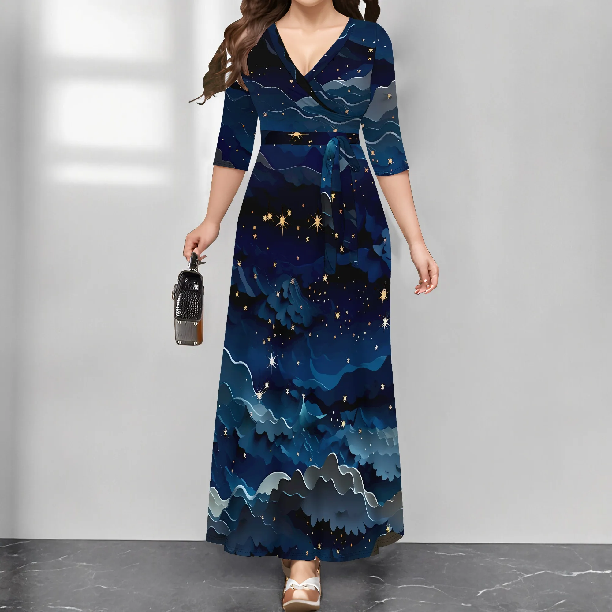 

EQQZD Fashion Midi Sleeve V-Neck Dress, Artistic Pattern Print Maxi Dress with Belt, Women's Summer Trendy Casual Dress