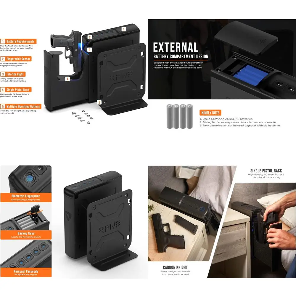 

Биометрический сейф для пистолетов на прикроватную тумбочку с быстрым доступом, отсеком для хранения пистолетов и дизайном серии Carbon