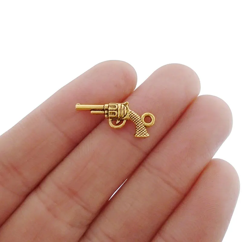 50 x Antique Gold Color Mini 3D Revolver Hand Gun Pistol Charms Pendants Beads for DIY Jewelry Making Findings Accessories