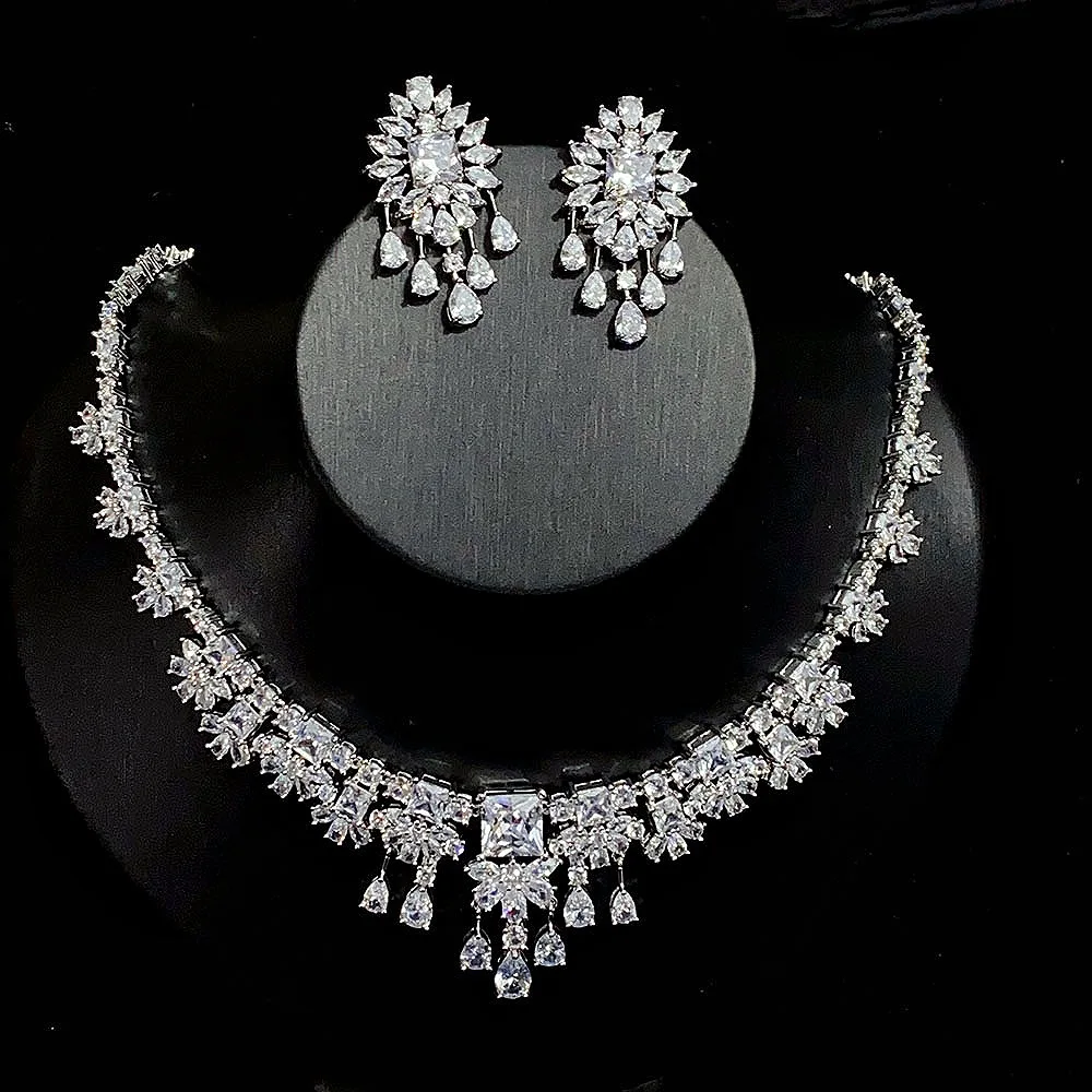 

Bride Necklace Earrings Set Zircon Wedding Bridal Evening Party Luxury Jewelry Gown Accessories Sparkling