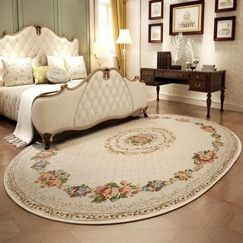 Living Room Carpets European Pastoral Style Oval Bedroom Bedside Rug Flower Printed Cloakroom Plush Floor Mats Alfombra Ковер 러그