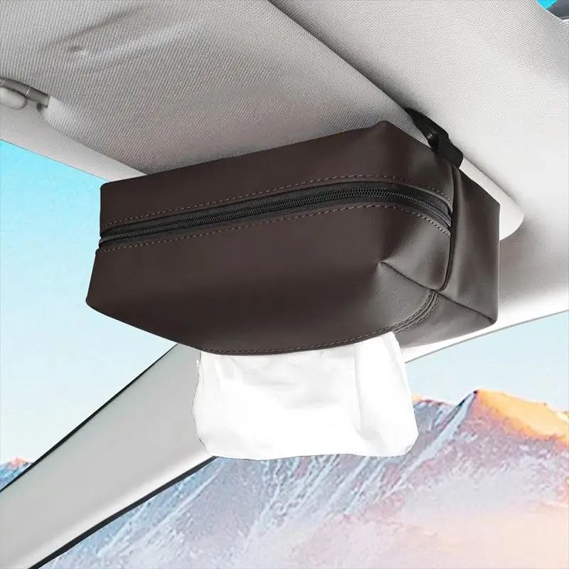 Car Tissue Box Holder Nappa Leather Car Center Console Armrest Napkin Box Sun Visor Backseat Tissue Case with Fix Strap