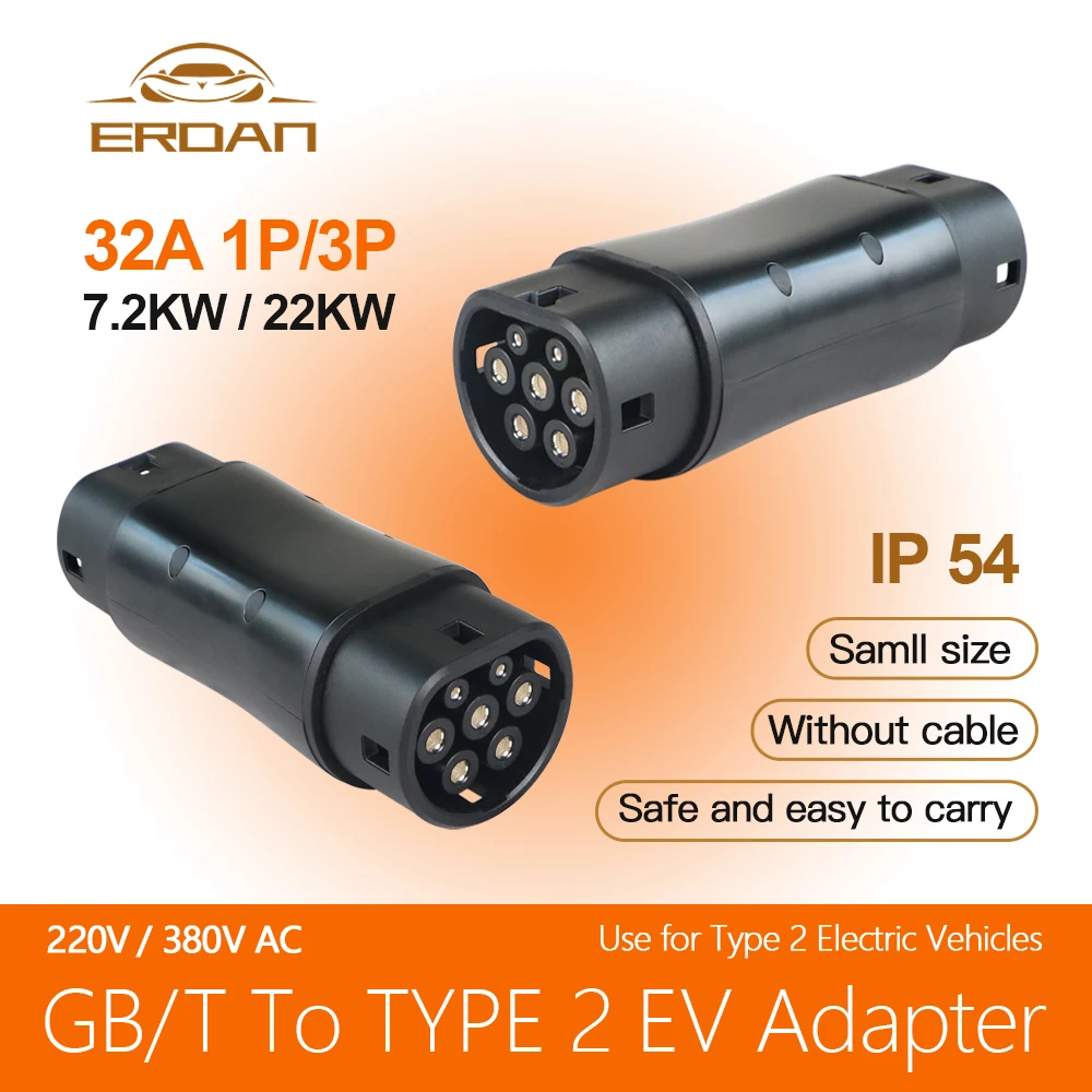 ERDAN-Adaptateur GBT vers Type 2 pour véhicule électrique, prise de câble, connecteur de charge, 32A, 22KW, 7KW, GB/T vers IEC 62196