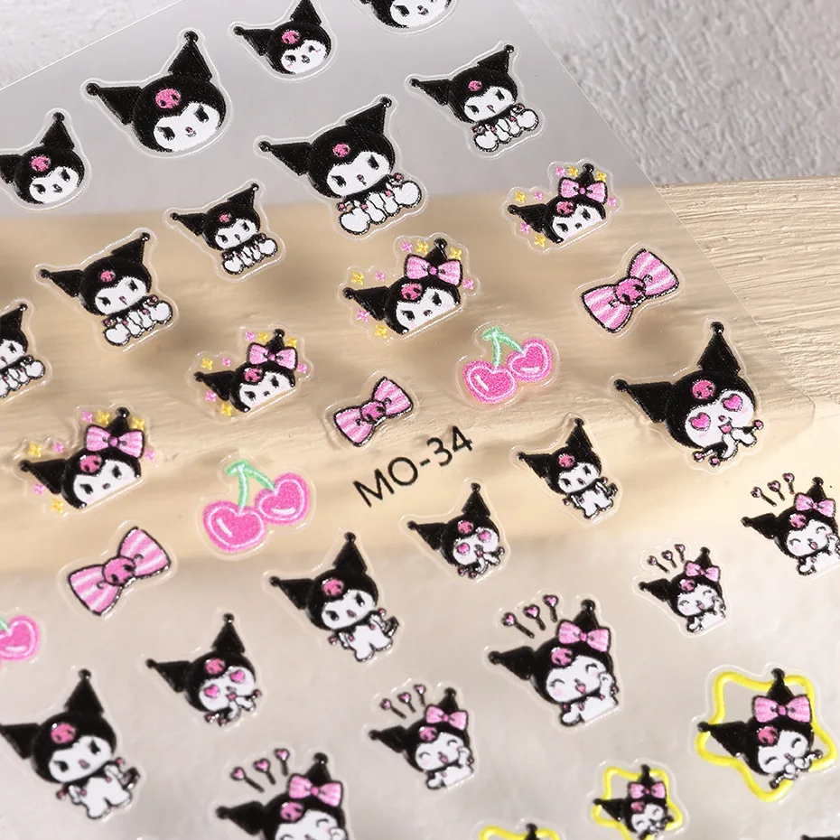 Sanrio Cute Kuromi Melody 5D Nail Stickers Nail Art Supplies Cartoon Hello Kitty Embossed Stickers Nail Sliders Press On Nails