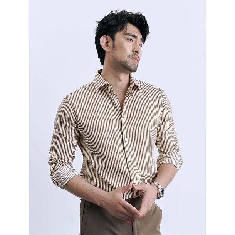 

Italian Sle Men's Comfortable Breathable Skin-friendly Long Sve Striped Bubble irt een Spring Faionable Casual irt