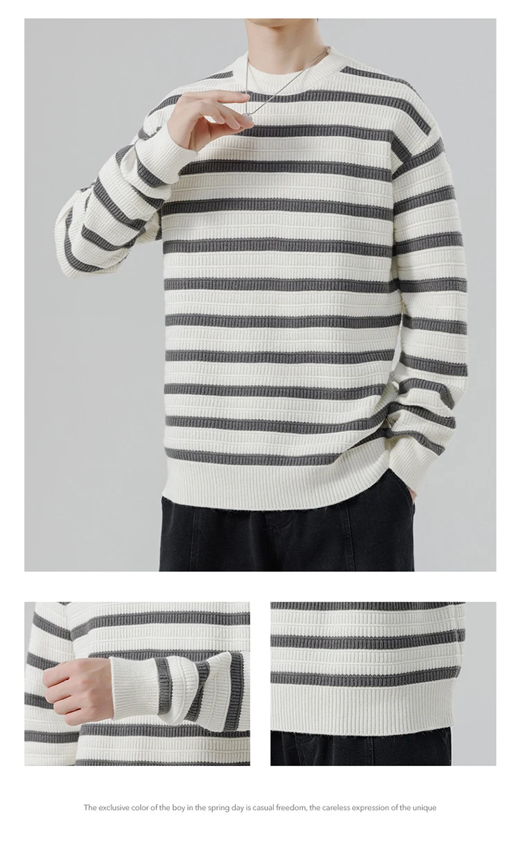 Mens Autumn Winter Harajuku Style Sweater Mens Casual Loose Stripe Long Sleeve Knitted Pullover Jumper Street Outdoor Sweatshirt