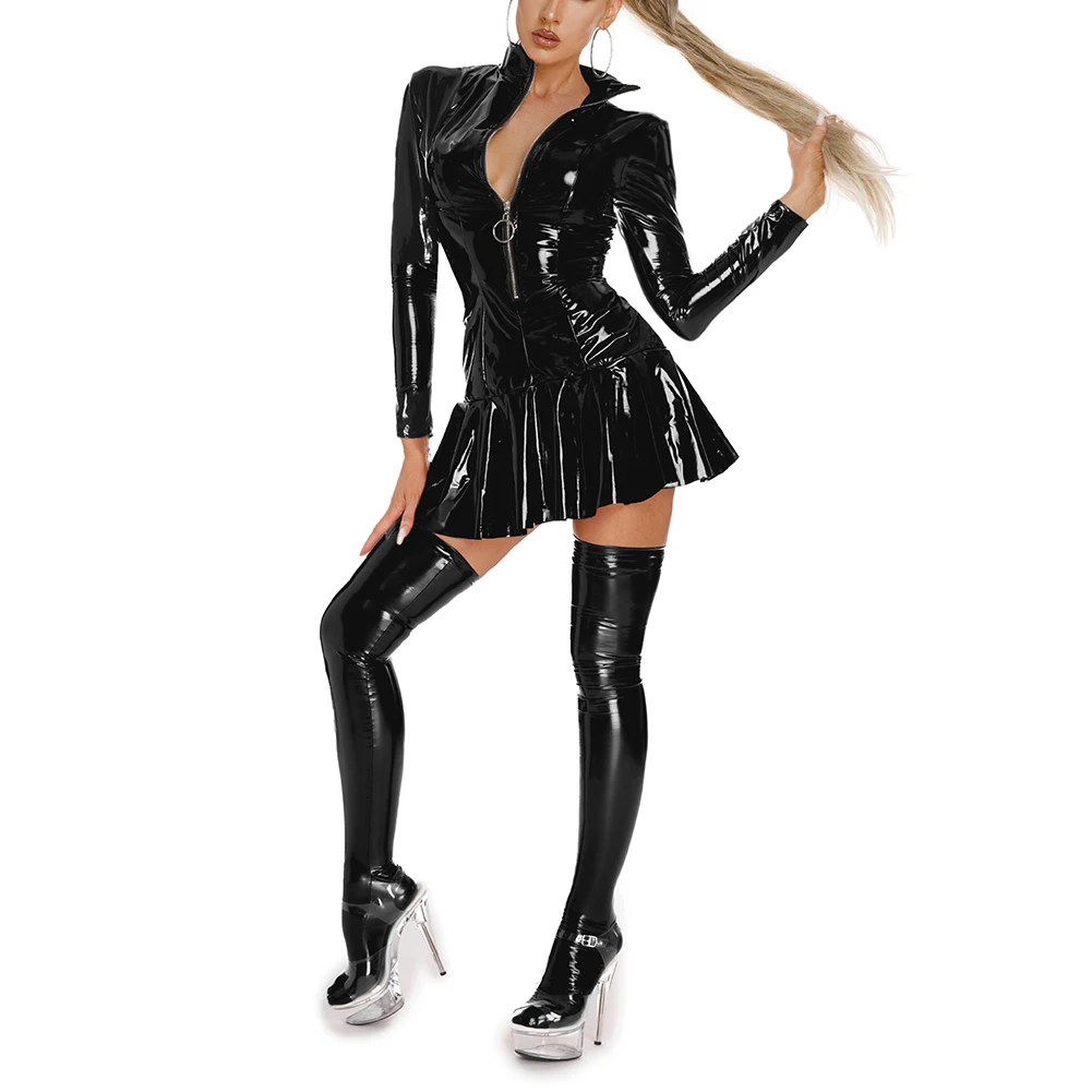 Women Wet Look Shiny PVC Leather Bodycon Short Dress Zip Up Turtleneck Dress Stage Nightclub Performance Costume Erotic Lingerie