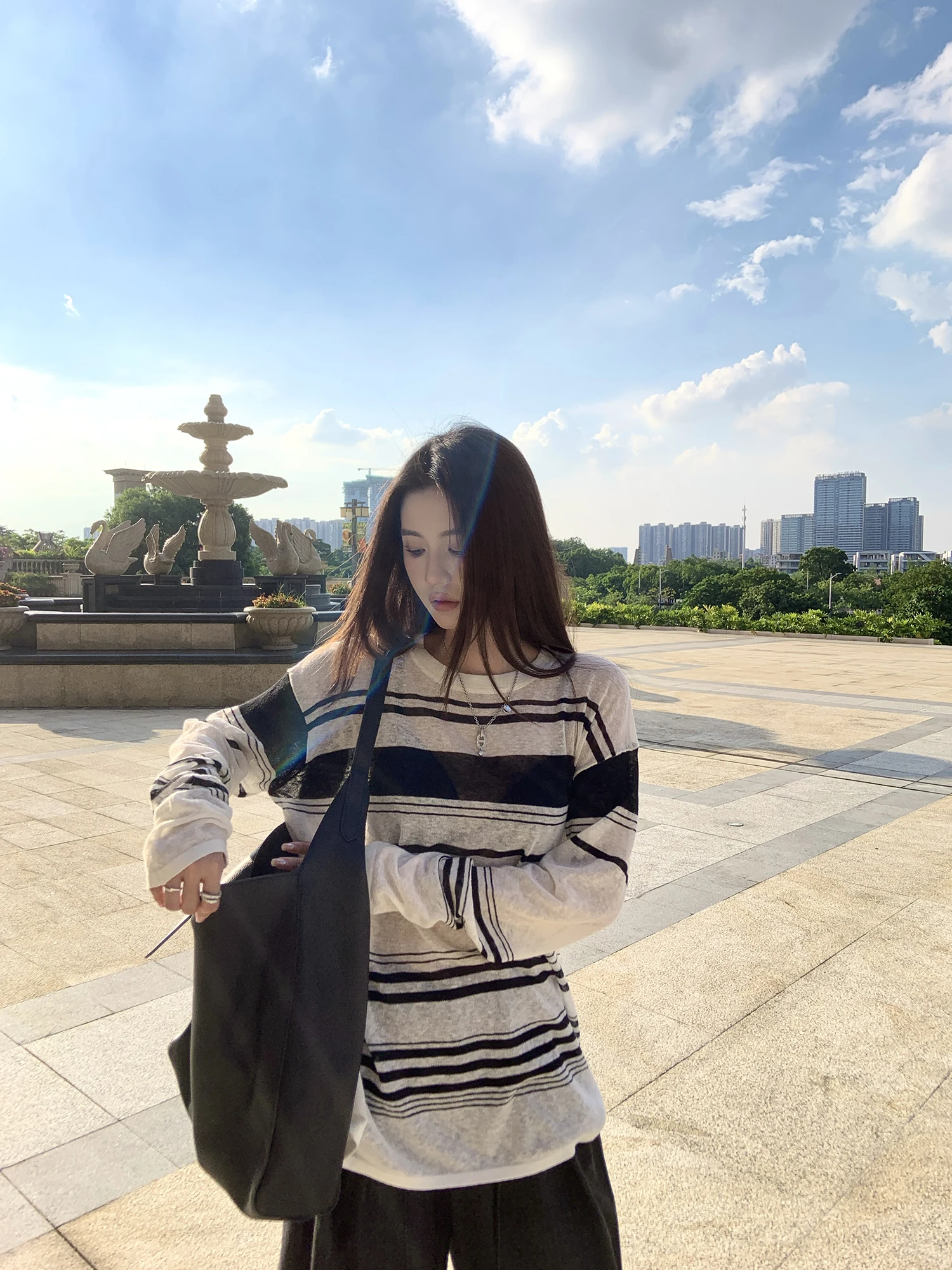 

Loose Long Sve Striped T-irt Women's Lazy Sle Sun Protection Design Versatile Top High Waist round Ne Pullover Cotto...