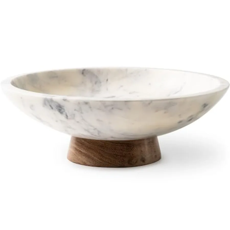 

Marble Decorative Bowl for Home Decor - Handcrafted Natural Stone with Acacia Wood Pedestal - Versatile 11" Catch All for Entry