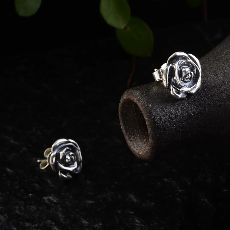 925 Sterling Silver Rose Earrings for Women Studs Earring Set Retro Antique Style Silver 925 Jewelry