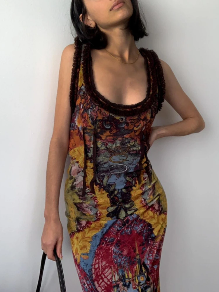 فستان لصق هندسي في القرون الوسطى ، مثير منخفض الرقبة ، فساتين تناسب ضئيلة ، الجوف خارج ، عارية الذراعين ، التعادل صبغ الطباعة ، ريترو أكمام تانك ، Bodycon